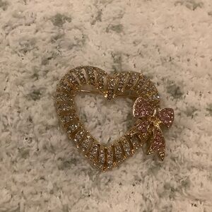 Gold & Pink Crystal Encrusted Heart Fashion Brooch Pin with Bow NWT Valentines